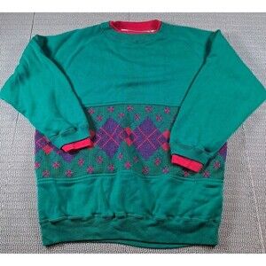 Vtg Rad 80s Eileen Sweatshirt M Teal Purple Argyle Knit Granny Retro Eclectic